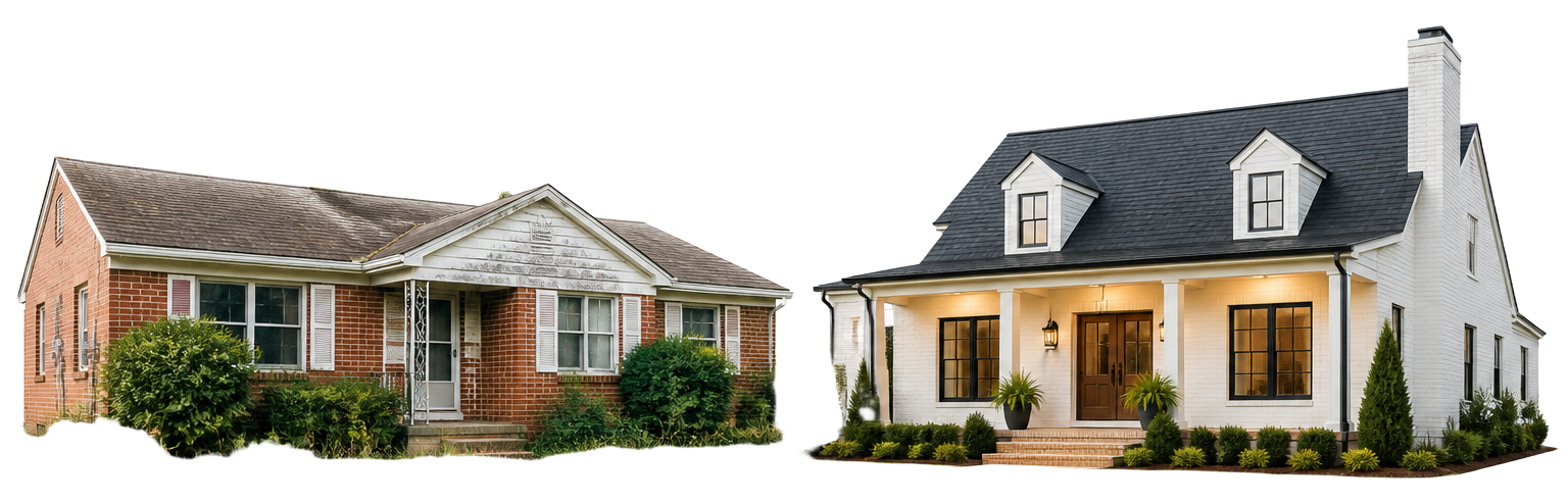 A distressed brick home beside a renovated North Mississippi home