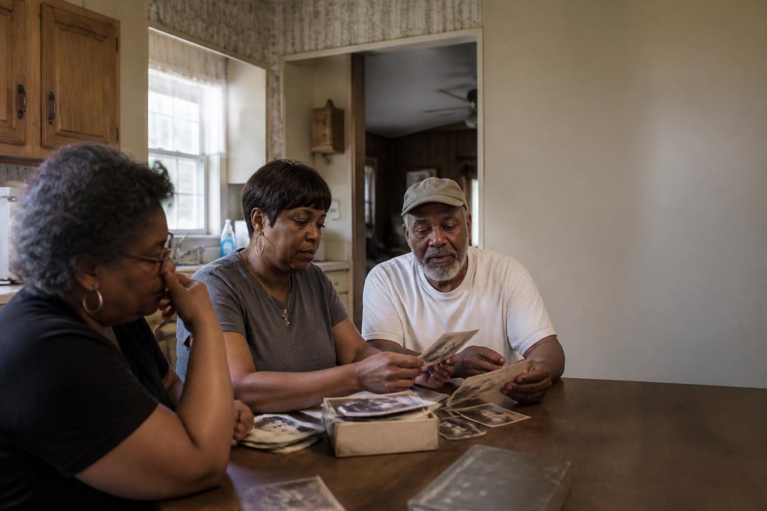 Family members carefully sorting photographs in an inherited home